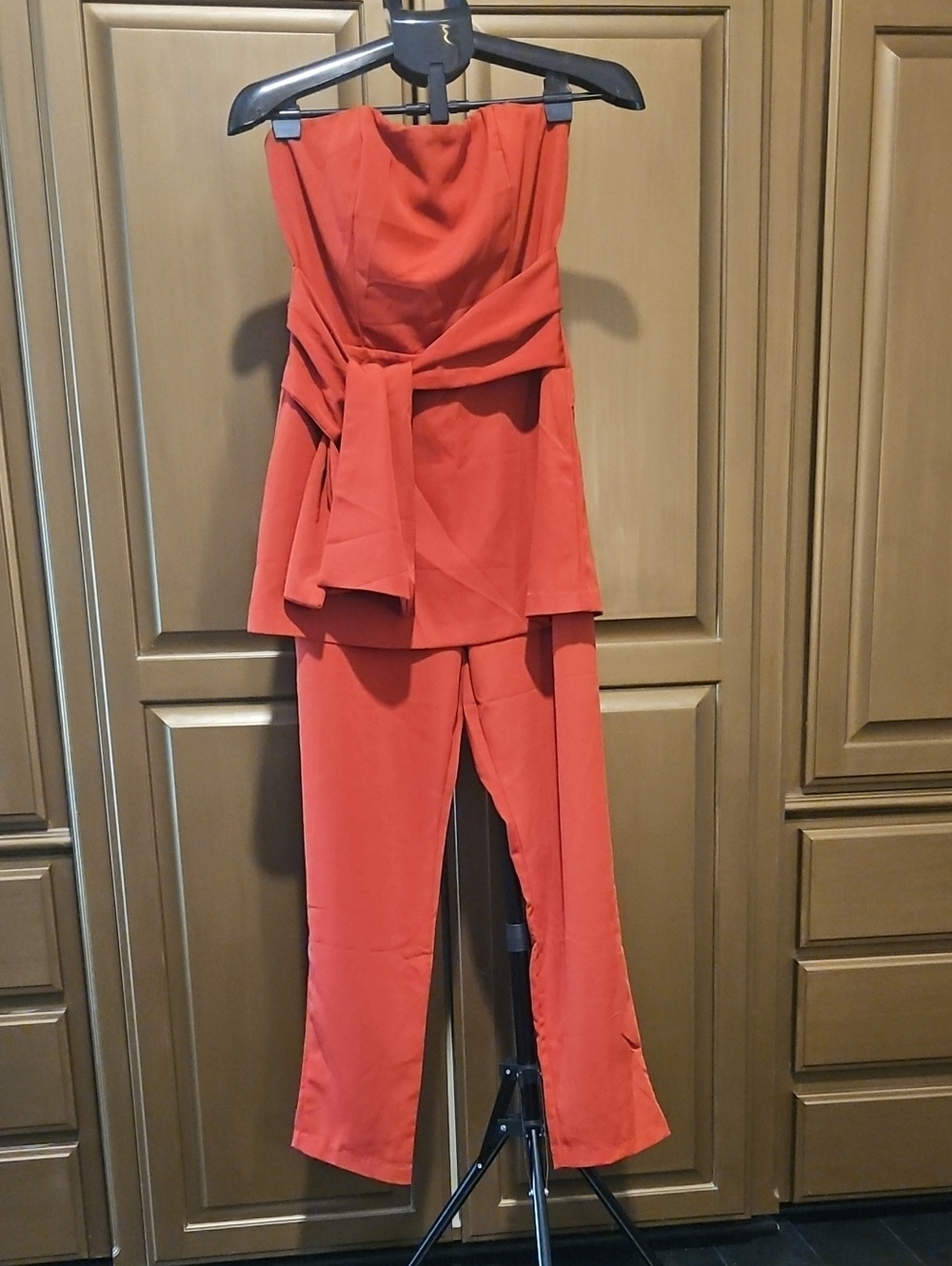 DO+BE Strapless Coral-Red Pantsuit with Waist Tie